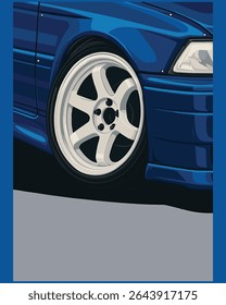 This vector illustration showcases a modified blue street racing sedan with striking white racing rims, perfect for automotive artwork, car enthusiast merchandise and tuning culture graphics