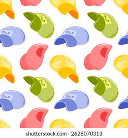 Esta ilustração vetorial mostra um padrão divertido com várias tampas elegantes. Os diversos designs e cores criam uma estética vibrante e moderna, tornando-a perfeita para os amantes da moda e