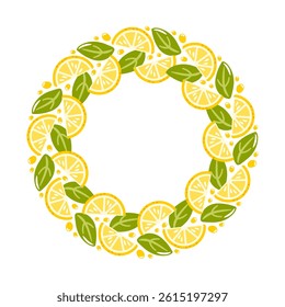 This vector illustration showcases a round wreath composed of lemon slices and lush green leaves. The vibrant design captures the essence of freshness and citrus charm, perfect for summer-themed