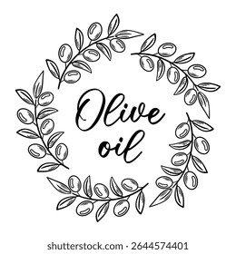 This vector illustration showcases a round frame made of olive branches, ideal for an olive oil label. Its elegant design exudes natural beauty and freshness, perfect for gourmet branding and eco