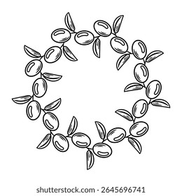 This vector illustration showcases a round frame made of lush green olives. It beautifully encapsulates the essence of nature and freshness, making it ideal for branding gourmet food or olive oil