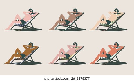 This vector illustration showcases a set of six diverse individuals leisurely relaxing on beach chairs, enjoying the sun. Each character features a different skin tone and subtly varied swimwear.