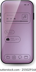 Esta ilustração vetorial mostra uma interface de smartphone elegante e minimalista com um design de tela transparente. Os widgets incluem controles de música