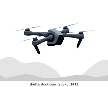 This vector illustration showcases a sleek quadcopter drone hovering in the air, equipped with advanced technology for aerial photography, surveillance, and remote operations. Its modern design repres