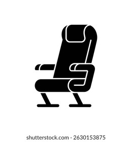 This vector illustration showcases a sleek black silhouette of an airplane seat, complete with a headrest, armrests, and sturdy support legs, set against a white background.