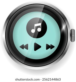 This vector illustration showcases a smartwatch music player interface with playback controls.
