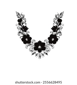 
This vector illustration showcases a stunning neckline design, adorned with ethnic-inspired flowers rendered in the Shilluti art style. The flowers, featuring intricate linework and organic curves.