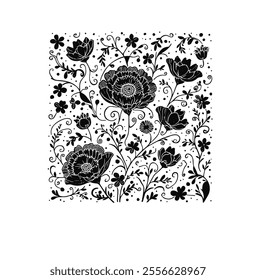 
This vector illustration showcases a stunning floral pattern created in the Shilluti art style. The design features intricate, symmetrical flowers and delicate organic curves, rendered with fine line