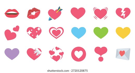 Esta Ilustración vectorial muestra una variedad de emojis e íconos coloridos del corazón, incluyendo labios, besos y corazones rotos. Estos encantadores gráficos son perfectos para el diseño digital, las redes sociales y los temas románticos.