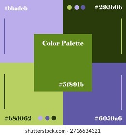 This vector illustration showcases a vibrant color palette composed of four bold colors: green, purple, and two complementary tones with hex codes, perfect for design inspiration.