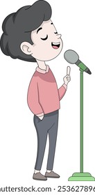 Esta ilustração vetorial mostra um jovem em pé e cantando em um microfone com uma expressão alegre