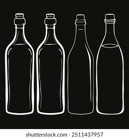 Esta es una Ilustración vectorial que muestra una variedad de botellas sobre un fondo negro