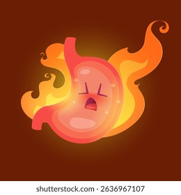 This vector illustration shows acid reflux (heartburn) with a cartoon stomach and fire character on a light gray background to highlight the burning sensation.