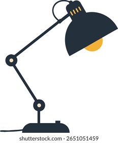 Esta ilustração vetorial mostra uma lâmpada de mesa preta ajustável com uma lâmpada amarela brilhante, ideal para iluminação de escritório ou casa, criando uma atmosfera focada e aconchegante.