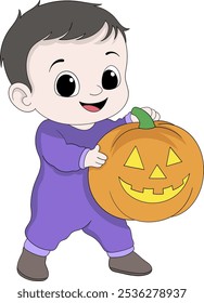 This vector illustration shows an adorable baby in a purple outfit, happily holding a Halloween pumpkin with a friendly carved face