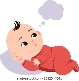 This vector illustration shows a baby in a red onesie lying on a pillow with a thought bubble, expressing curiosity and calmness in a peaceful mood.