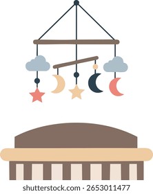 Esta ilustração vetorial mostra um bebê móvel com estrelas, luas e nuvens penduradas acima de um berço em cores pastel macias, criando uma atmosfera calma e calmante no berçário.