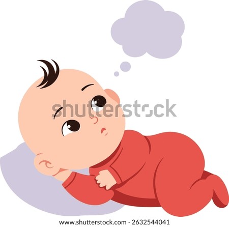 This vector illustration shows a baby in a red onesie lying on a pillow with a thought bubble, expressing curiosity and calmness in a peaceful mood.