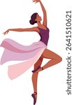 This vector illustration shows a ballerina in an elegant ballet pose wearing a flowing pink skirt and purple top. The image conveys grace and beauty, creating a serene mood.