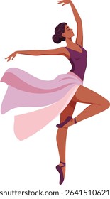 This vector illustration shows a ballerina in an elegant ballet pose wearing a flowing pink skirt and purple top. The image conveys grace and beauty, creating a serene mood.