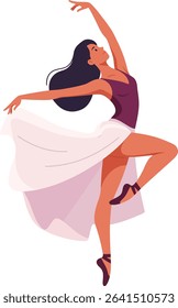 This vector illustration shows a ballet dancer gracefully posing with a flowing skirt and pointe shoes, capturing motion and elegance in a dynamic style. Artistic and refined mood.