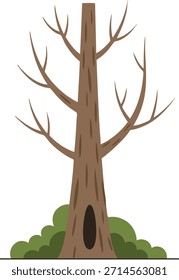 Esta Ilustración vectorial muestra un árbol desnudo con un tronco y ramas marrones, de pie alto con arbustos verdes en su base. La Imagen transmite un sentimiento sencillo, natural y tranquilo.