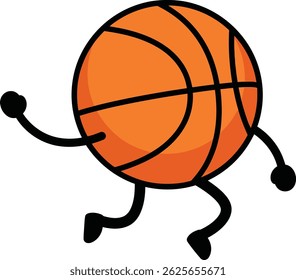 This vector illustration shows a basketball character with arms and legs running energetically. The orange ball stands out on a white background, creating a playful and dynamic mood.