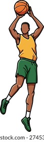 This vector illustration shows a basketball player in green shorts and yellow jersey shooting the ball in an active pose. The image conveys energy and focus, dynamic mood.