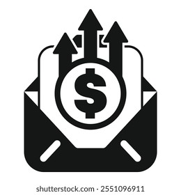 Esta ilustração vetorial mostra um envelope preto com um símbolo de dólar e setas crescentes, representando uma renda crescente e o sucesso financeiro