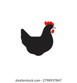 This vector illustration shows a black hen silhouette with a red comb and wattle isolated on a white background.