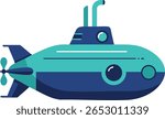 This vector illustration shows a blue and teal submarine with a propeller and periscope. The image features flat design and clean lines, creating a calm and technical mood.