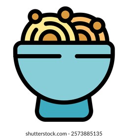 This vector illustration shows a bowl full of noodles, a staple food in many asian cultures, often served with broth, meat, or vegetables