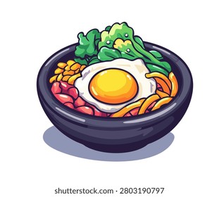 This vector illustration shows a bowl of bibimbap, a popular Korean dish. The bowl is filled with rice, colorful vegetables, and a fried egg on top. There are green vegetables, beans, and other ingredients visible in the dish. The design is simple and vibrant, showing the food clearly against a plain white background. This artwork captures the essence of Korean cuisine