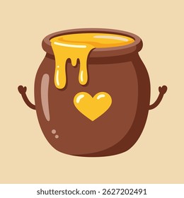 This vector illustration shows a brown honey jar with golden honey dripping over the edge and a heart symbol on the jar, set against a warm beige background. Cheerful mood.