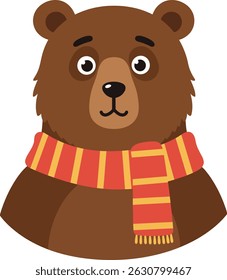 This vector illustration shows a brown bear with a red and yellow striped scarf, featuring a friendly and cute expression in a cartoon style. The mood is cheerful.