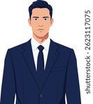 This vector illustration shows a businessman wearing a navy blue suit, white shirt, and black tie. The image is in portrait orientation with a clean, professional style. Calm mood.