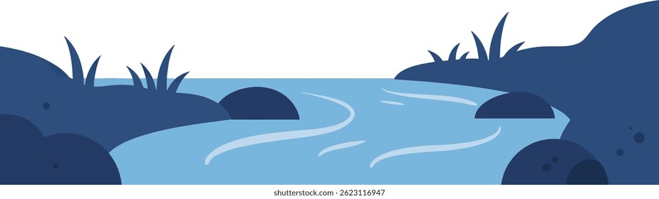 This vector illustration shows a calm river meandering through a natural landscape with rocks and plants, using blue tones for a peaceful and serene atmosphere.