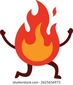 This vector illustration shows a cartoon fire flame character with arms and legs running energetically, symbolizing energy and movement in bright red and orange colors. Cheerful mood.