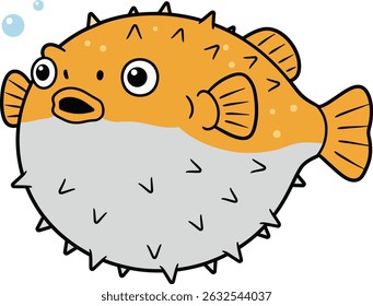 This vector illustration shows a cartoon puffer fish with orange upper body and gray lower body surrounded by water bubbles, conveying a playful and whimsical mood.