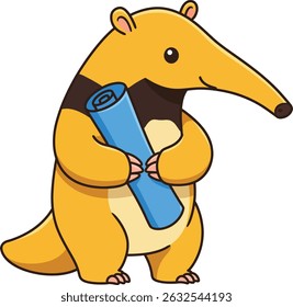 Esta ilustração vetorial mostra um tamanduá de desenho animado em pé, segurando uma esteira enrolada azul, com uma expressão alegre e cores brilhantes, criando um humor lúdico e amigável.