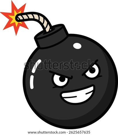 This vector illustration shows a cartoon black bomb with a lit fuse and a cheeky expression, designed in a playful style for creative projects and digital art, energetic mood.