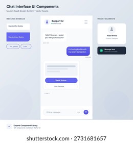 Esta Ilustración vectorial muestra una interfaz de chat para una aplicación de software. Incluye burbujas de mensajes, detalles de usuario y opciones para comprobar y ver los Estados de las transacciones.