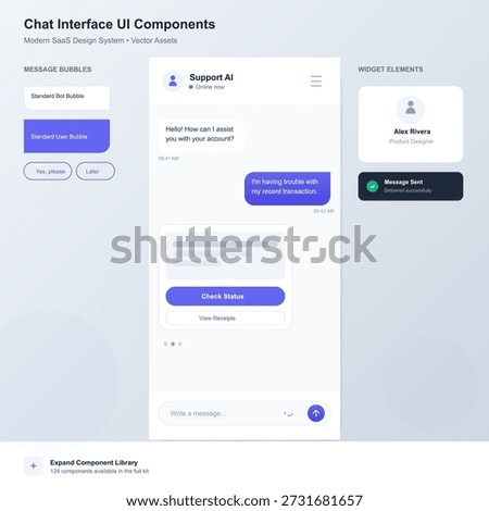 This vector illustration shows a chat interface for a software application. It includes message bubbles, user details, and options to check and view transaction statuses.