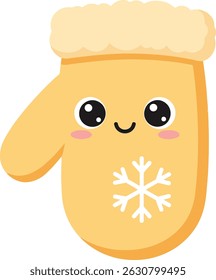 This vector illustration shows a cheerful yellow mitten with a snowflake and fluffy cuff, perfect for winter or cold season projects, conveying warmth and joy.