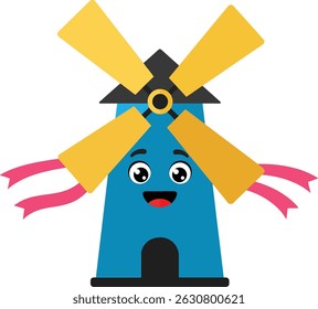 This vector illustration shows a cheerful blue windmill with yellow blades and pink ribbons, designed in a playful cartoon style for educational and childrens content. Bright and happy.