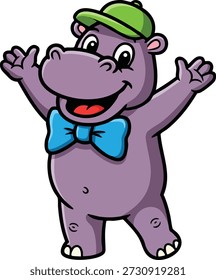 Esta ilustração vetorial mostra um personagem hipopótamo roxo alegre com um boné verde e gravata borboleta azul, sorrindo amplamente e levantando os braços em emoção. Humor divertido e alegre.