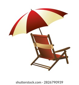 This vector illustration shows a classic wooden lounge chair under a large striped sun umbrella. The bright red and cream colors capture a peaceful summer holiday feeling. It is a clean design isolated on a white background. This graphic is perfect for travel agencies, resort promotions, beach safety campaigns, and summer vacation advertisements.#BeachVibes #SummerVacation #TravelGraphic #LoungeChair #BeachUmbrella #VectorIllustration #HolidayRelaxation