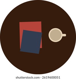 This vector illustration shows a coffee cup and two stacked books on a round dark brown table from a top view angle, creating a calm and cozy atmosphere.
