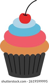 This vector illustration shows a colorful cupcake with layered frosting topped with a cherry, featuring blue, pink, and brown colors on a white background, cheerful mood.