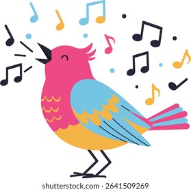 This vector illustration shows a colorful bird singing surrounded by musical notes in blue, pink, and yellow. The lively scene conveys joyful and cheerful mood.